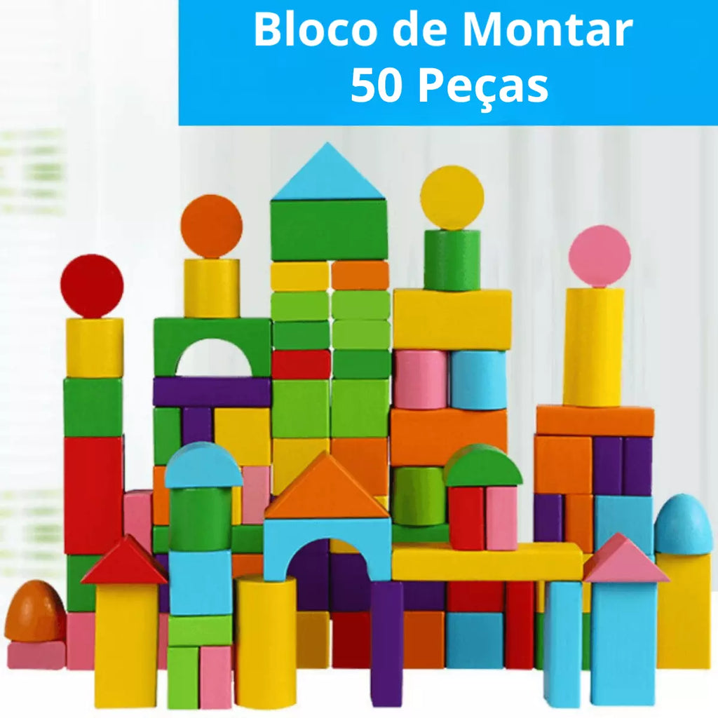 Blocos De Montar Madeira Big Construtor - 50 Peças Brinquedo